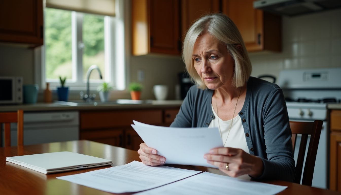 A woman puzzled by dental insurance options at her kitchen table.