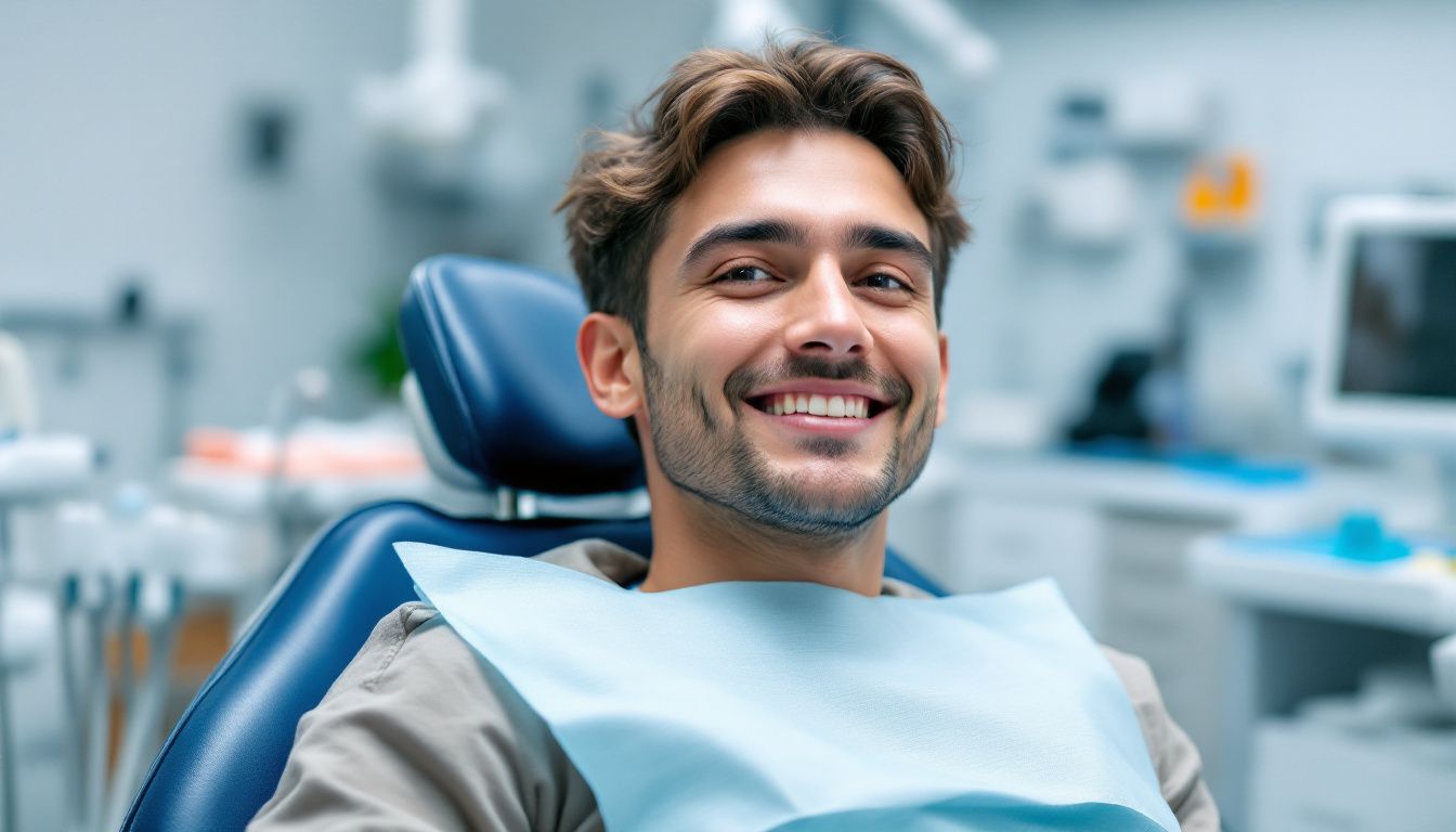 A person receiving a fluoride treatment in a dentist's office.