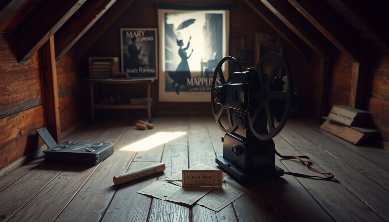 An antique film reel projector in a cozy attic projecting 'Mary Poppins.'