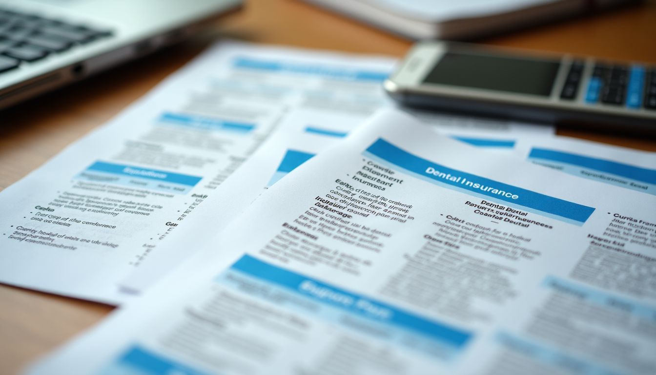 Various dental insurance plans displayed on a wooden table.