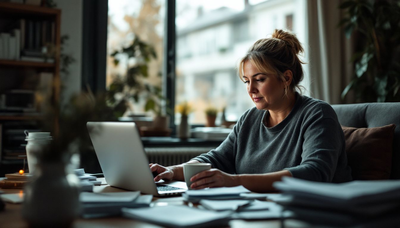 A woman comparing dental insurance plans at her home office.