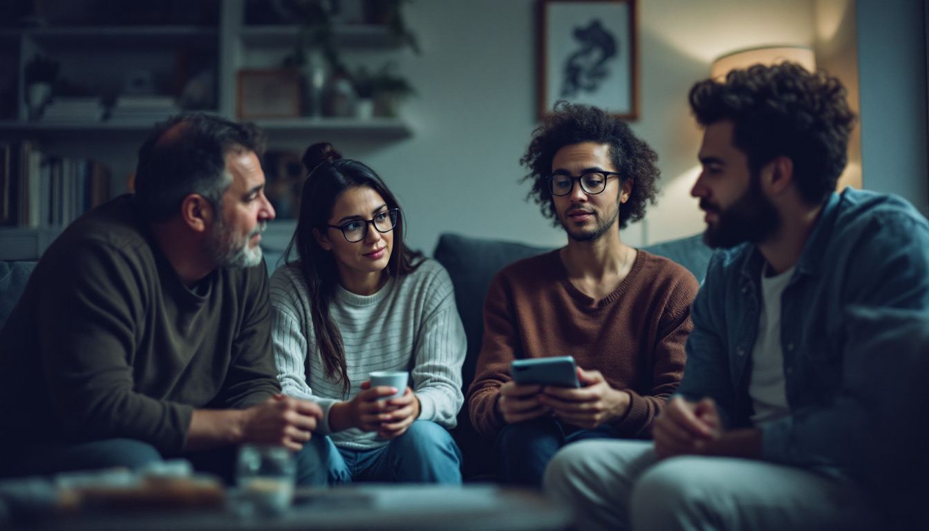 A diverse group of adults discussing dental insurance plan options in a living room.