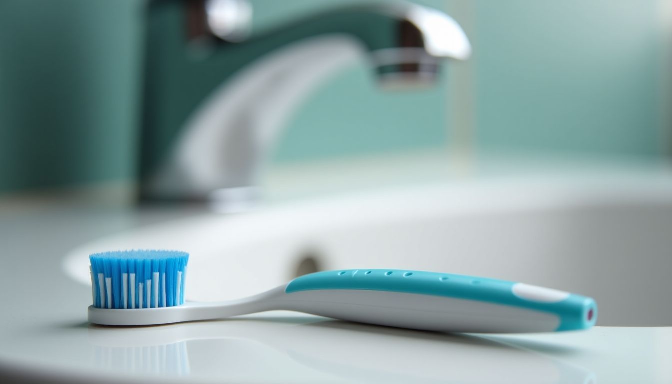 A toothbrush and dental floss on a bathroom countertop.