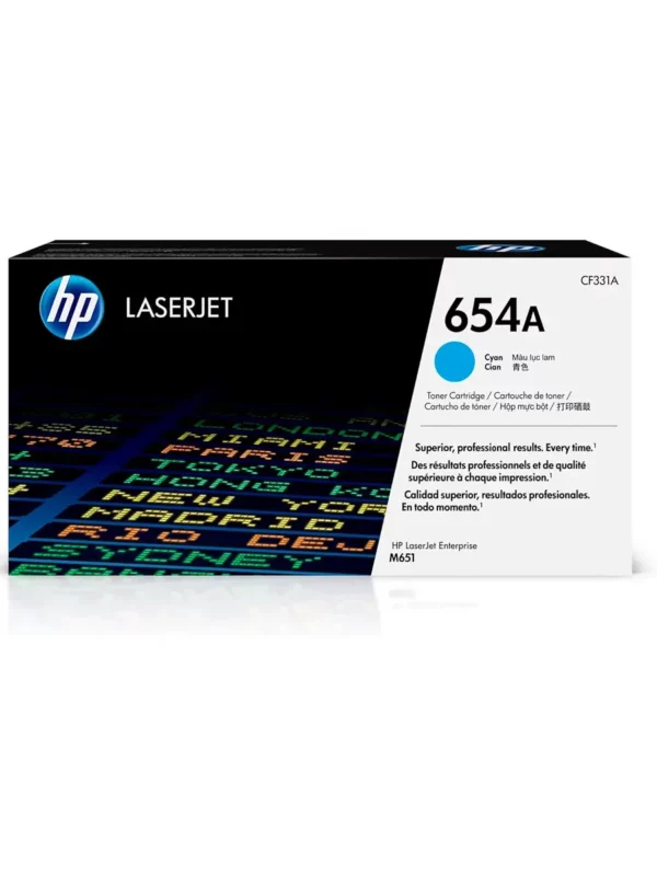 Упаковка картриджа HP LaserJet 654A с тонером голубого цвета (CF331A) для лазерных принтеров M651