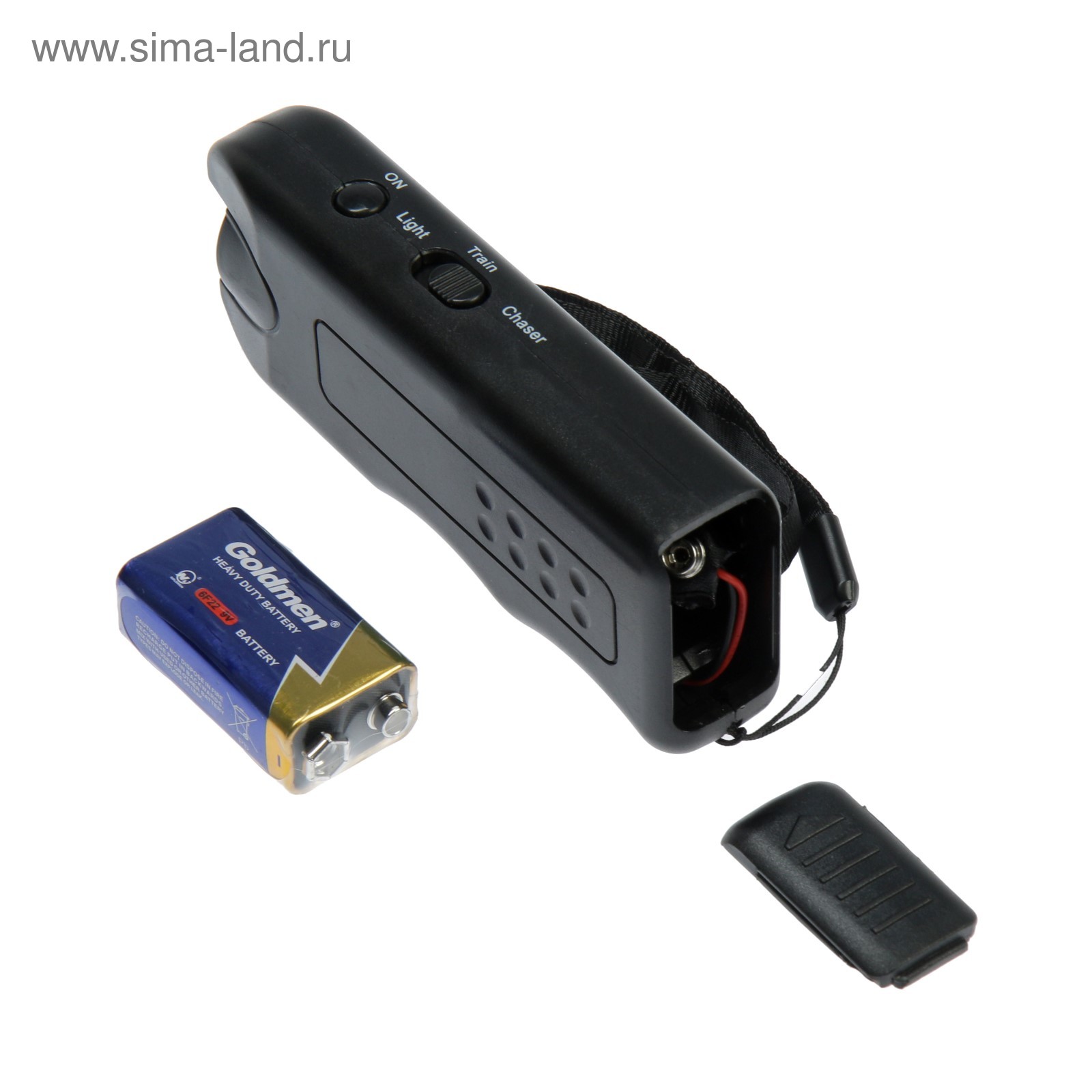 Мощный ультразвуковой отпугиватель собак с батареей Goldmen 9V — лучший выбор для самообороны Черный отпугиватель собак с батареей Goldmen 9V и снятой крышкой батарейного отсека