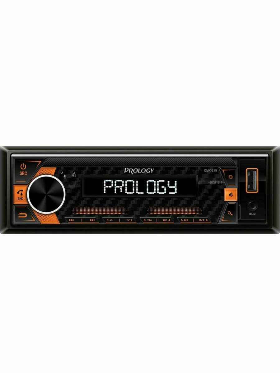 Автомагнитола с черной передней панелью, карбоновым дизайном, оранжевыми акцентами и функциональными кнопками