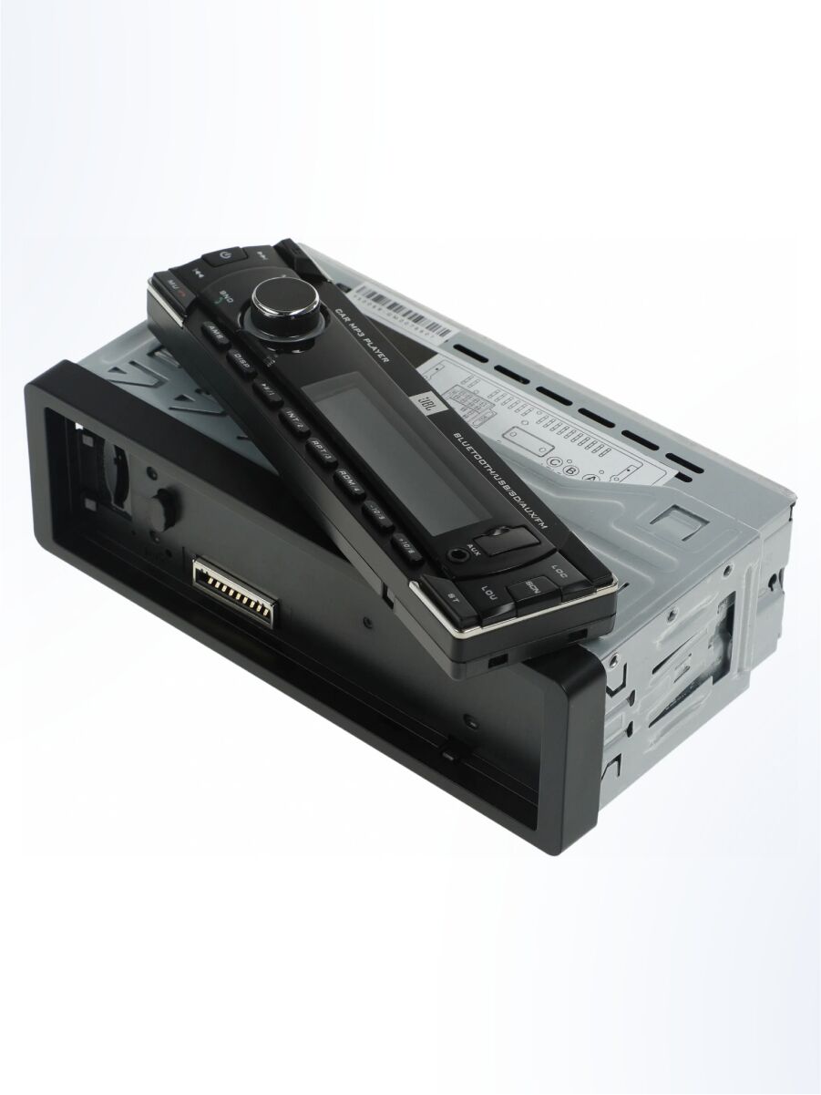 Съемная автомобильная магнитола стандартного размера с экраном, кнопками управления и поддержкой Bluetooth