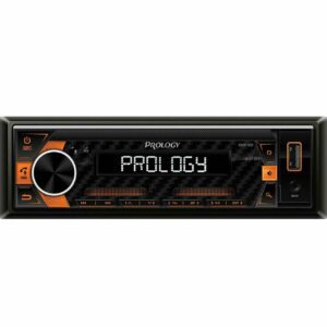 Автомагнитола с черной передней панелью, карбоновым дизайном, оранжевыми акцентами и функциональными кнопками