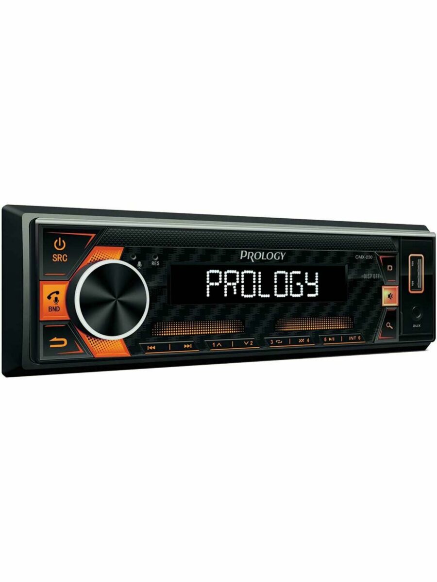 Автомагнитола стандартного форм-фактора 1 DIN с текстовым LED-дисплеем, USB и AUX разъёмами, в чёрно-оранжевом дизайне