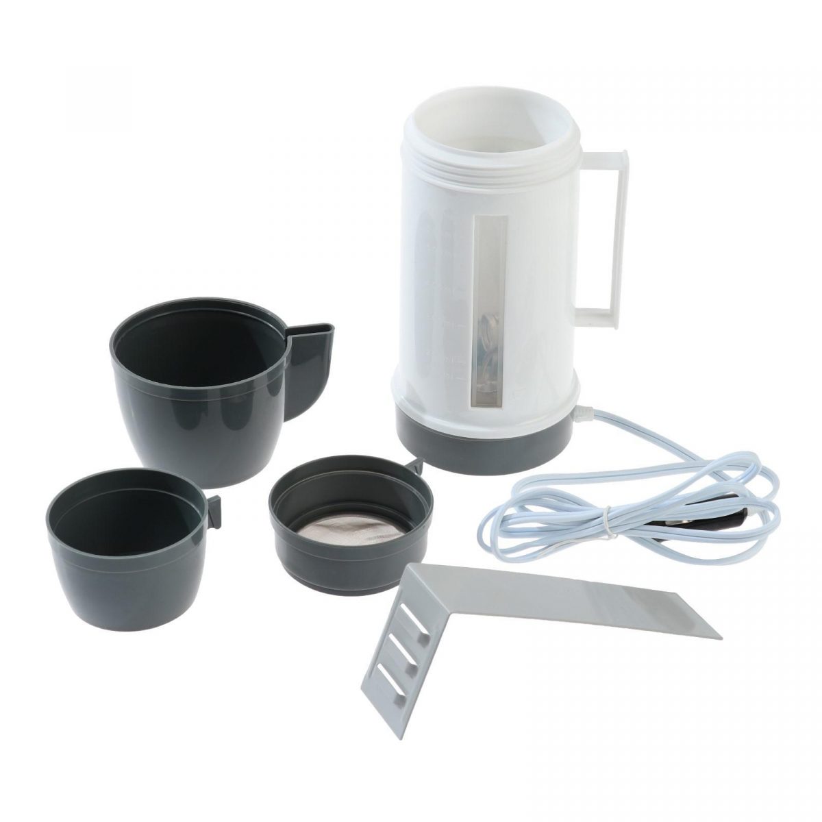 Компактный электрический чайник с аксессуарами для путешествий Электрический чайник с белым корпусом и серой базой, комплект из двух чашек и фильтрующей крышки