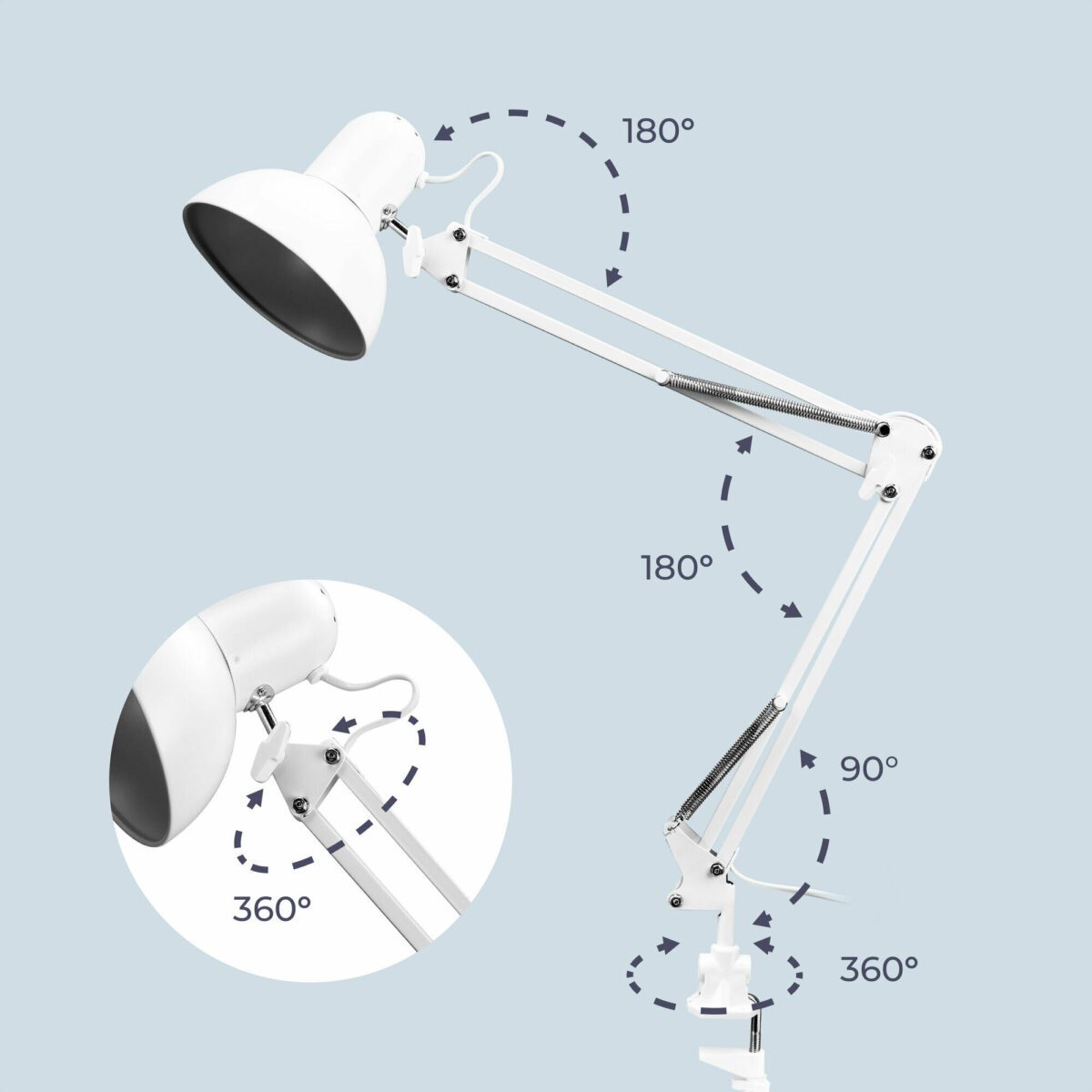 Настольная лампа с шарнирным креплением, гибкими элементами и вращающимся плафоном для настройки направления света