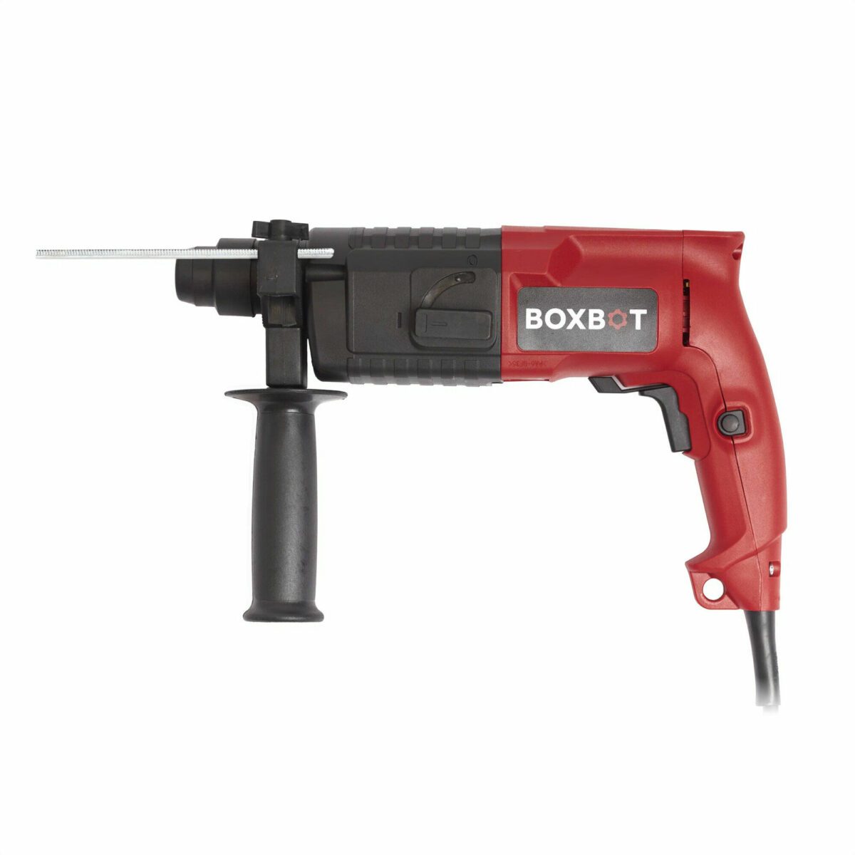 Красно-чёрный перфоратор с кабелем питания, боковой рукояткой и переключателем на боковой панели