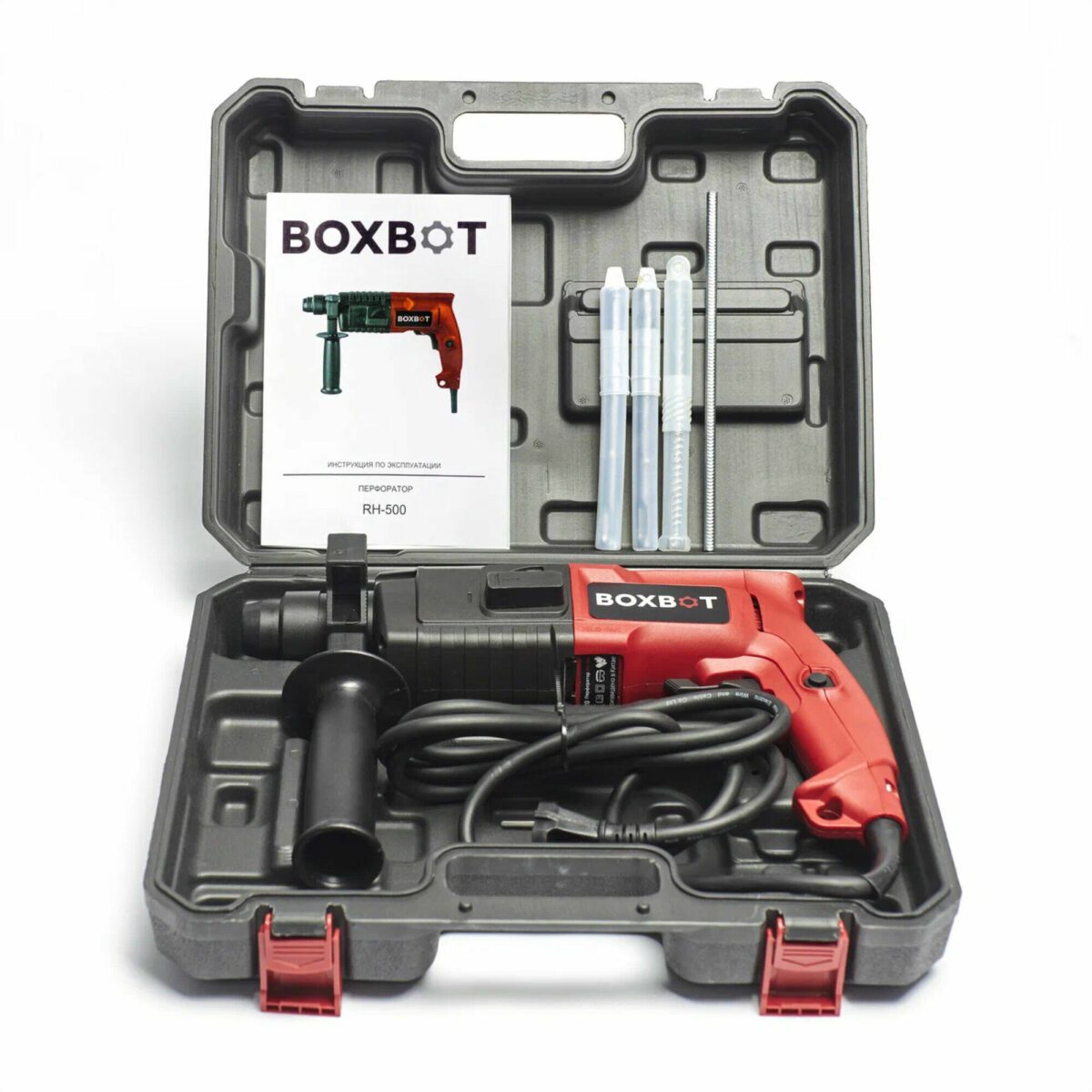 Перфоратор красно-черного цвета RH-500 с дополнительной рукояткой и аксессуарами в кейсе