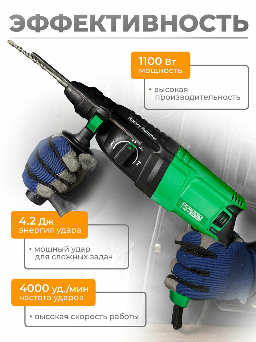 Мощный зеленый перфоратор 1100 Вт, энергия удара 4.2 Дж, частота ударов 4000 уд/мин
