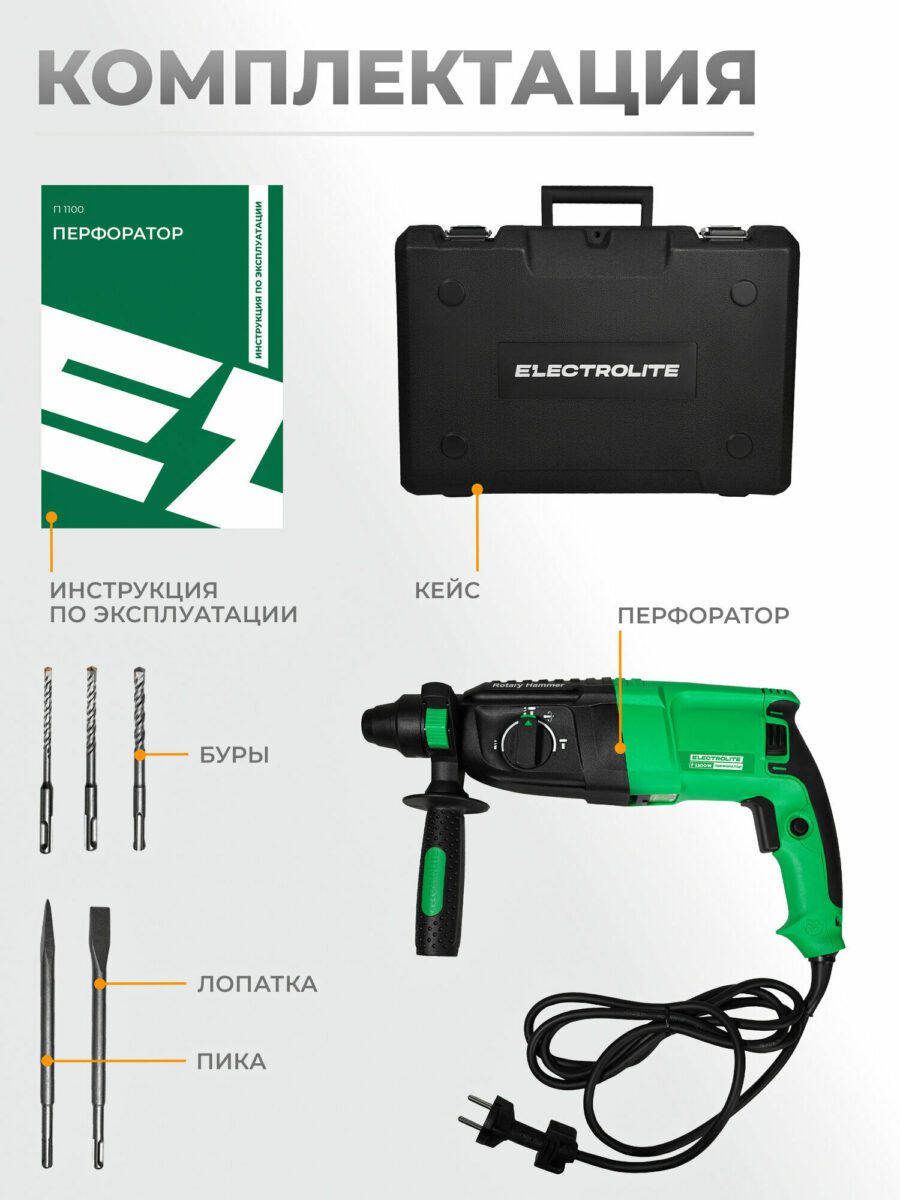 Перфоратор Электролит П 1100 с прорезиненной рукояткой, набором буров, лопаткой, пикой и защитным кейсом