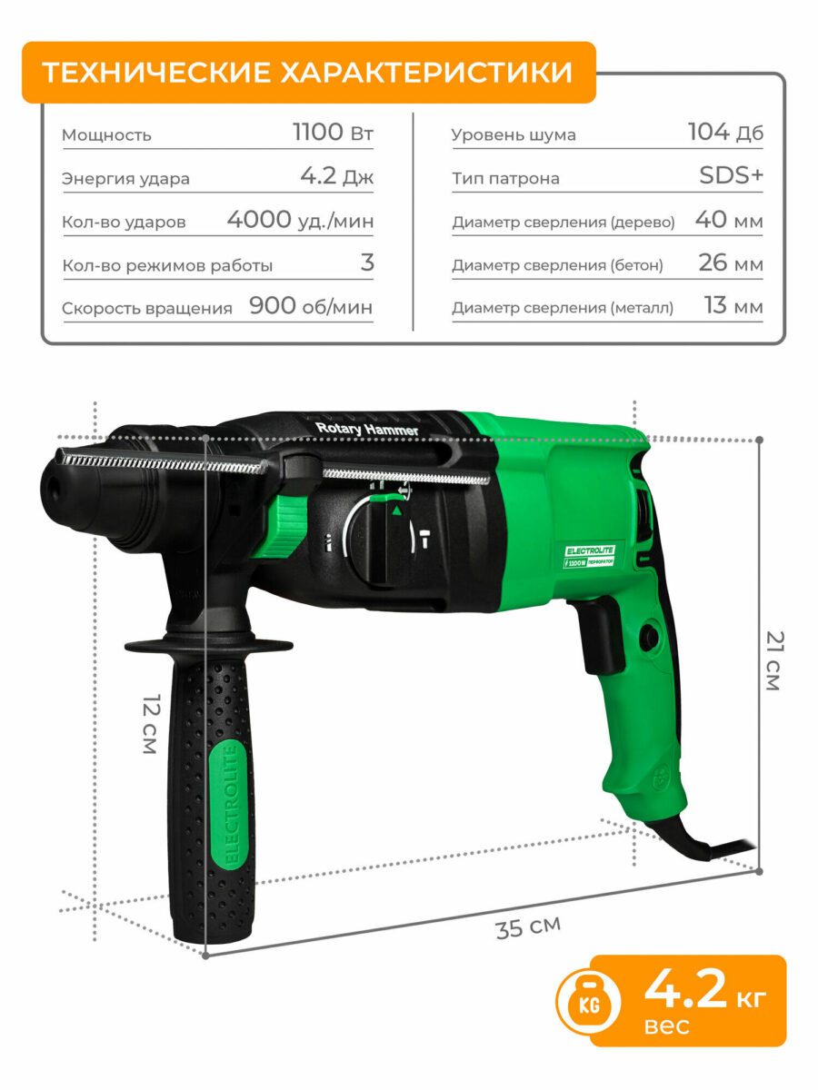 Мощный перфоратор 1100 Вт с тремя режимами работы, патроном SDS+, скоростью вращения 900 об/мин и энергией удара 4.2 Дж