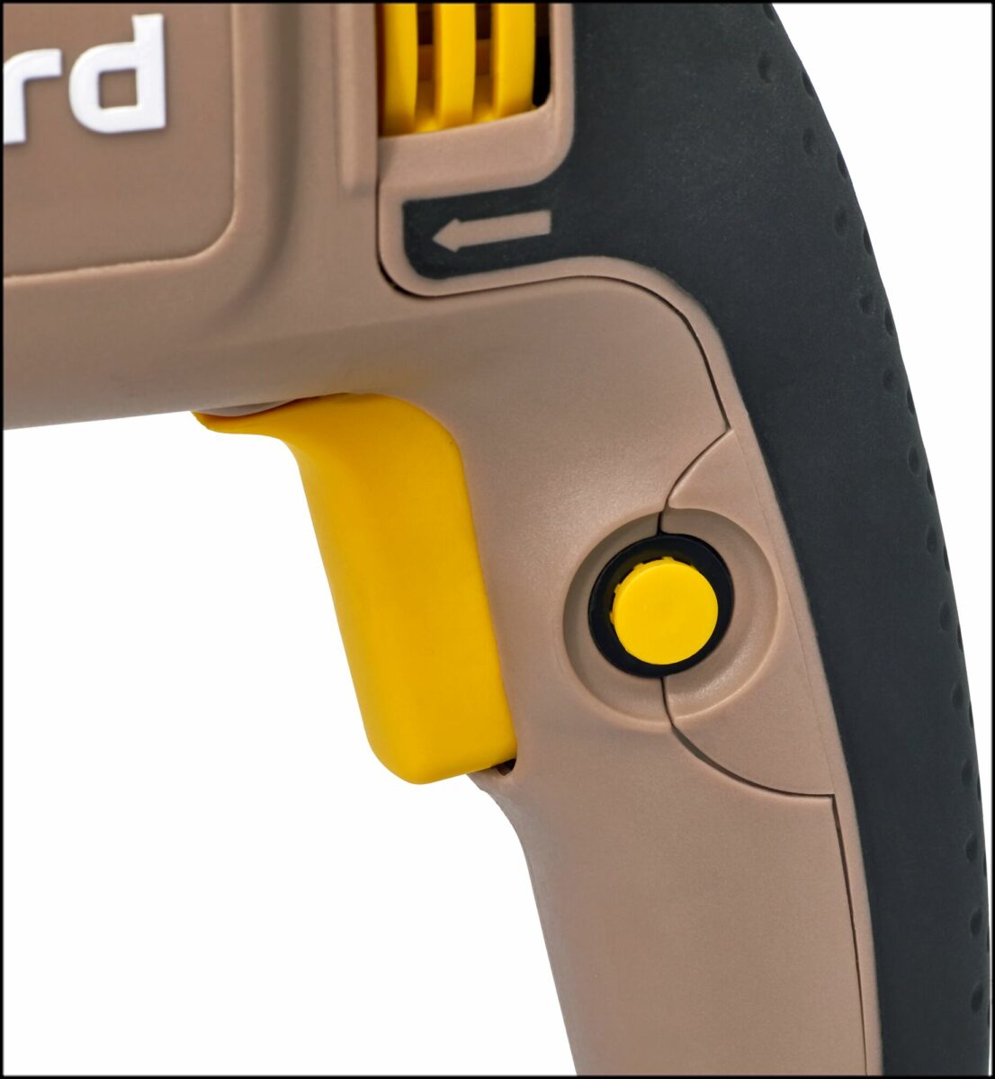 Рукоятка инструмента с триггером и кнопкой блокировки, выполненными в жёлтых акцентах на бежевом корпусе с черной накладкой