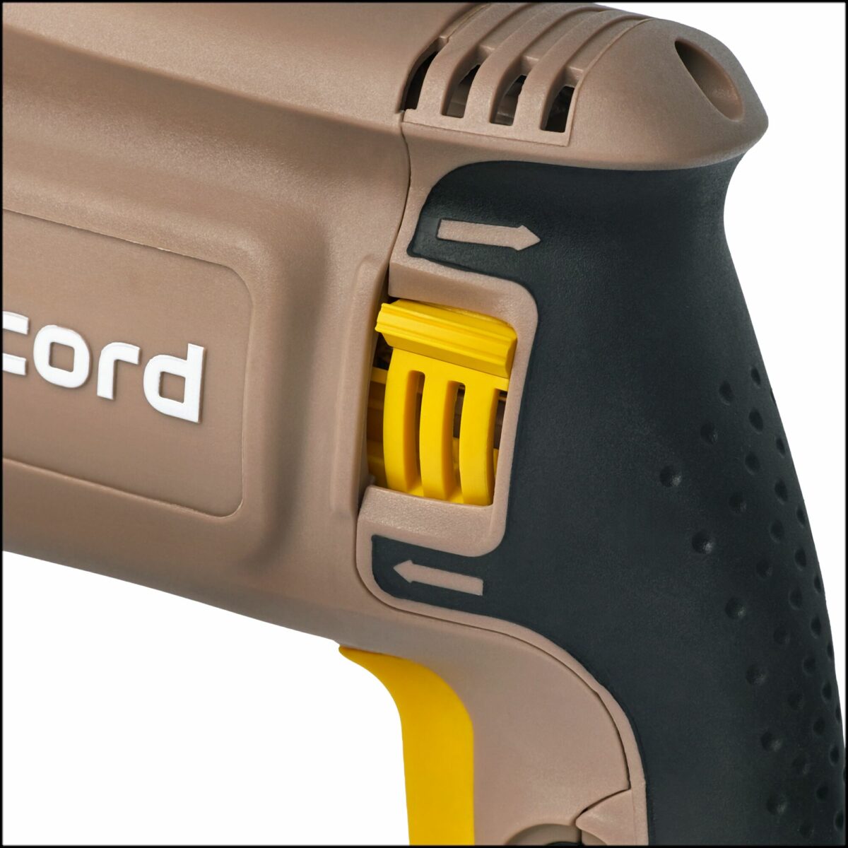 Рукоять электроинструмента с черным нескользящим покрытием, желтым регулятором скорости и указателем направления