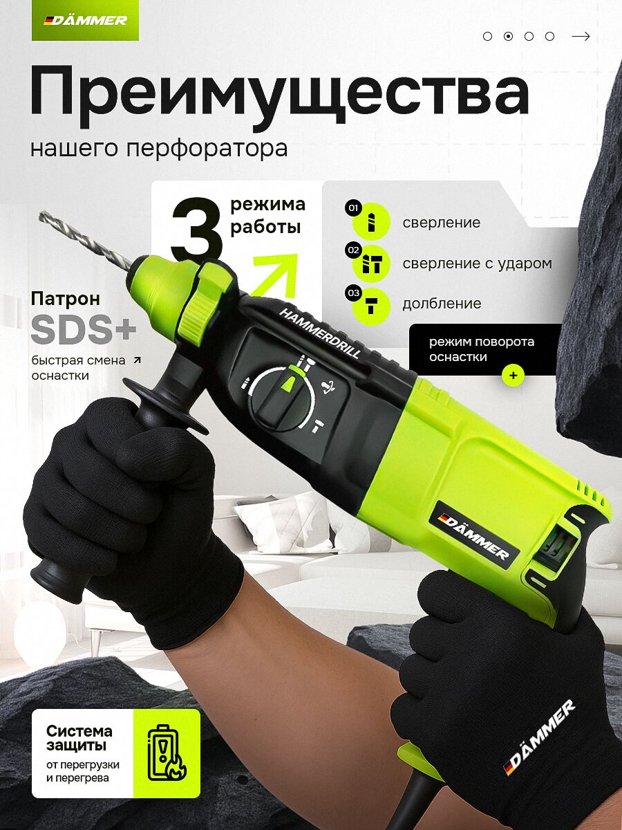 Зеленый перфоратор с патроном SDS+, функцией поворота оснастки и защитой от перегрузки