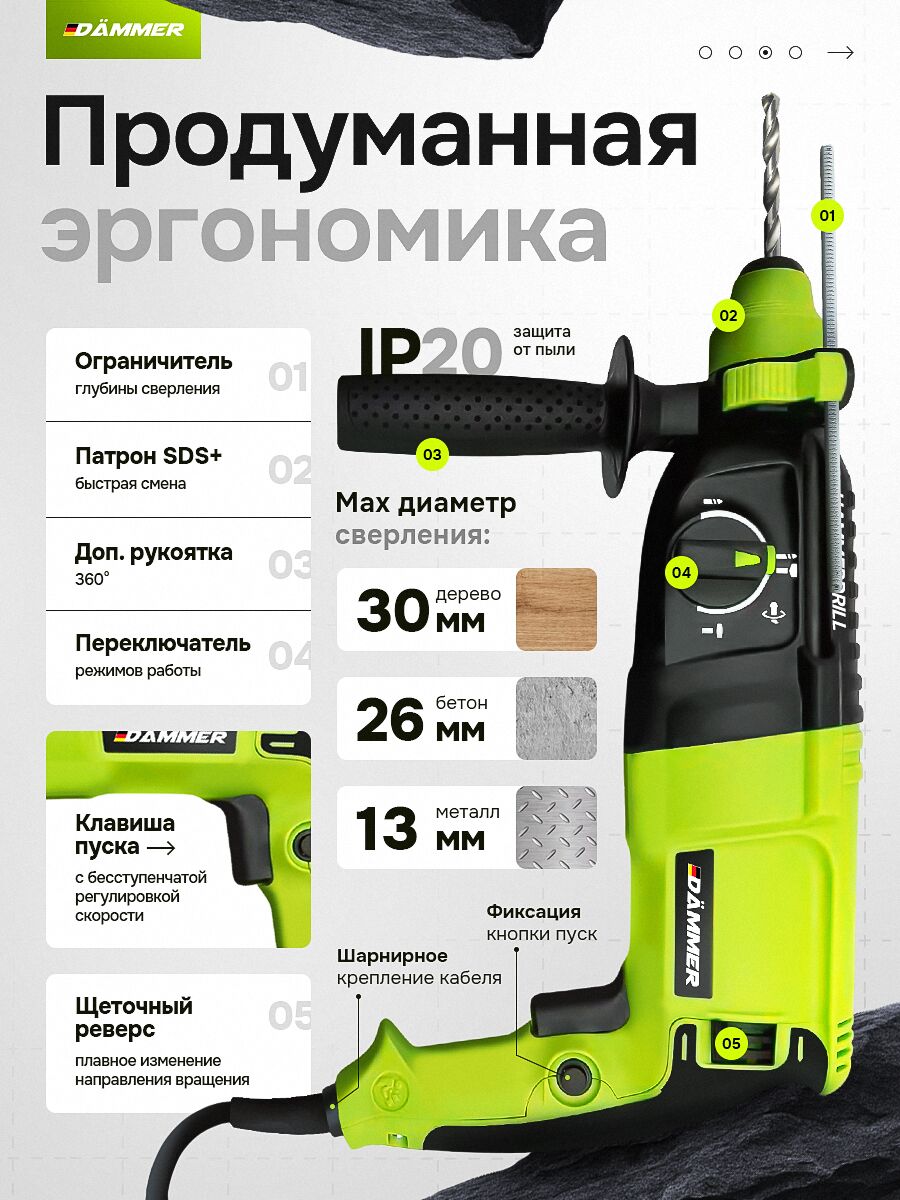 Дрель перфоратор с SDS+ патроном, дополнительной рукояткой и переключателем режимов