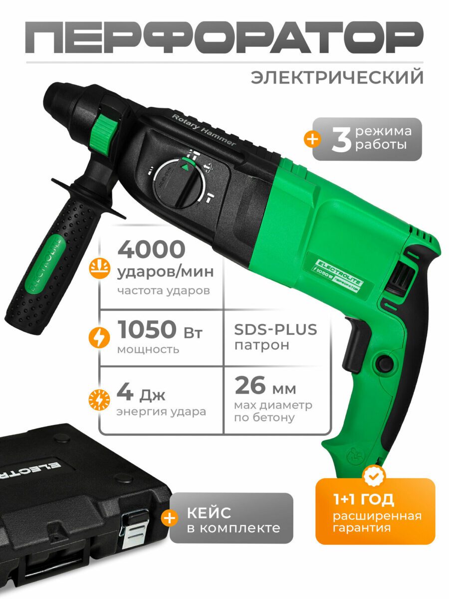 Мощный электрический перфоратор SDS-Plus на 1050 Вт с расширенной гарантией и кейсом для удобной транспортировки