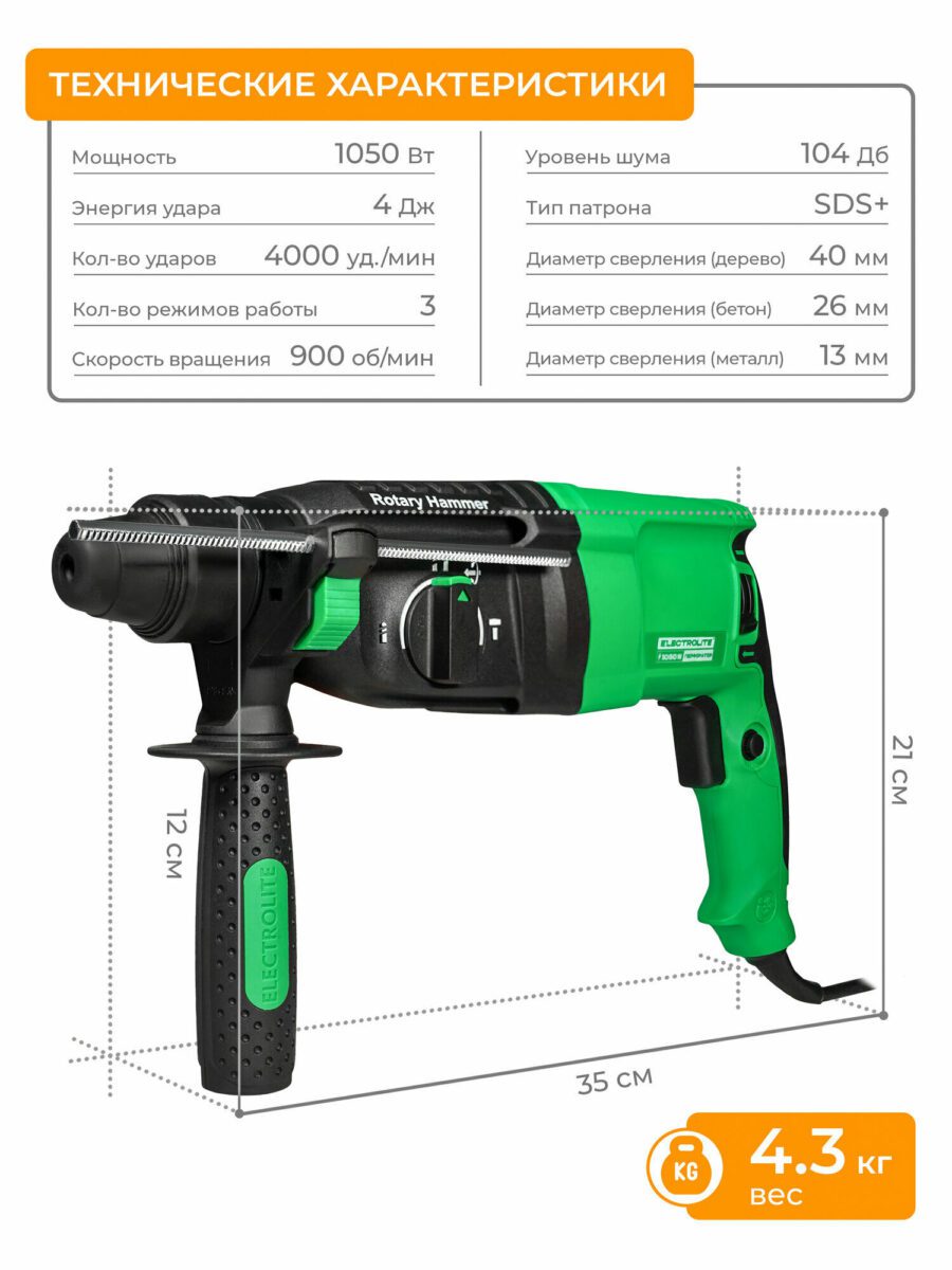 Зелёный перфоратор мощностью 1050 Вт, с энергией удара 4 Дж, патроном SDS+, боковой ручкой и отличными характеристиками