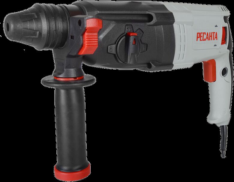 Перфоратор Ресанта с боковой ручкой, переключателем режимов и патроном для насадок, в черно-серой и красной гамме