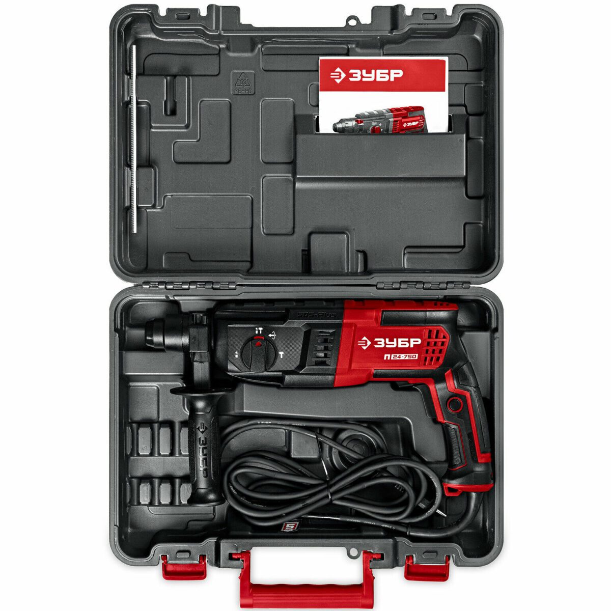 Перфоратор ЗУБР П-24-750 с боковой рукояткой, упакованный в пластиковый кейс с красными замками и логотипом бренда