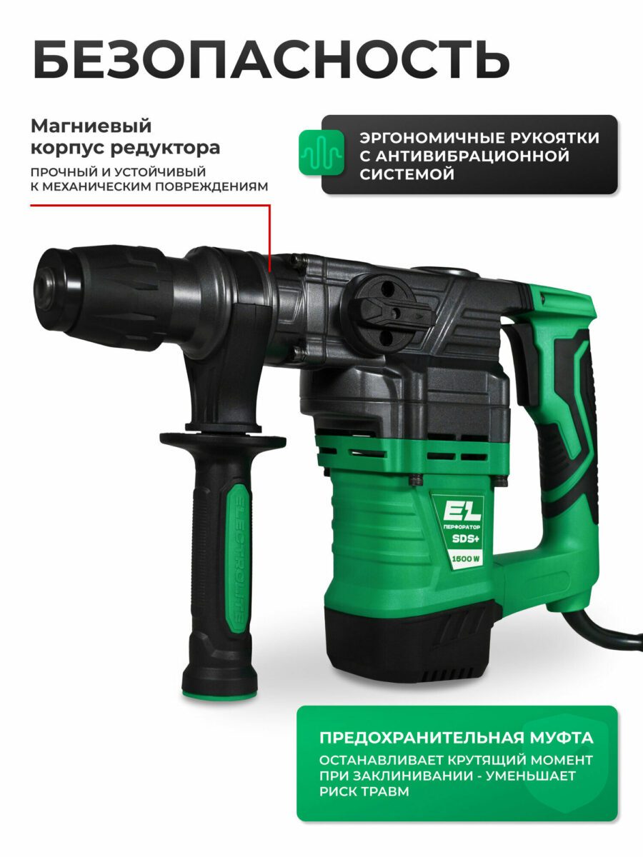 Мощный перфоратор ELEСTROLITE SDS+ 1600 Вт с предохранительной муфтой и эргономичными рукоятками