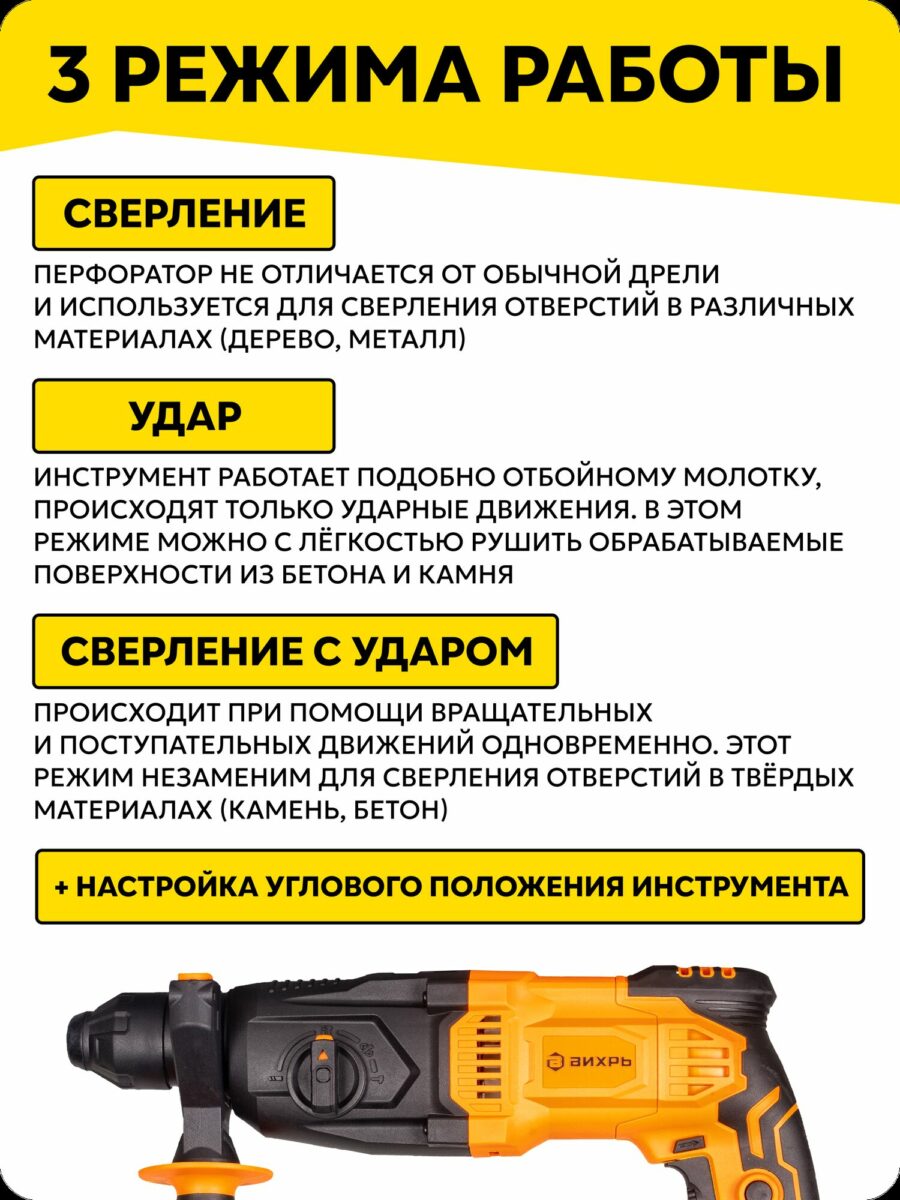 Перфоратор марки Вихрь с тремя режимами работы: сверление, удар и сверление с ударом, идеально для обработки бетона, дерева и металла