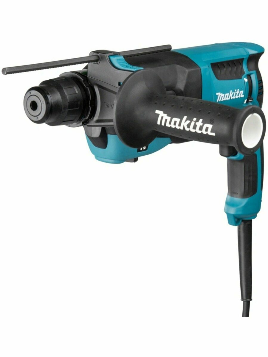 Перфоратор Makita с фирменным логотипом, дополнительной рукояткой и сетевым кабелем для профессиональной работы