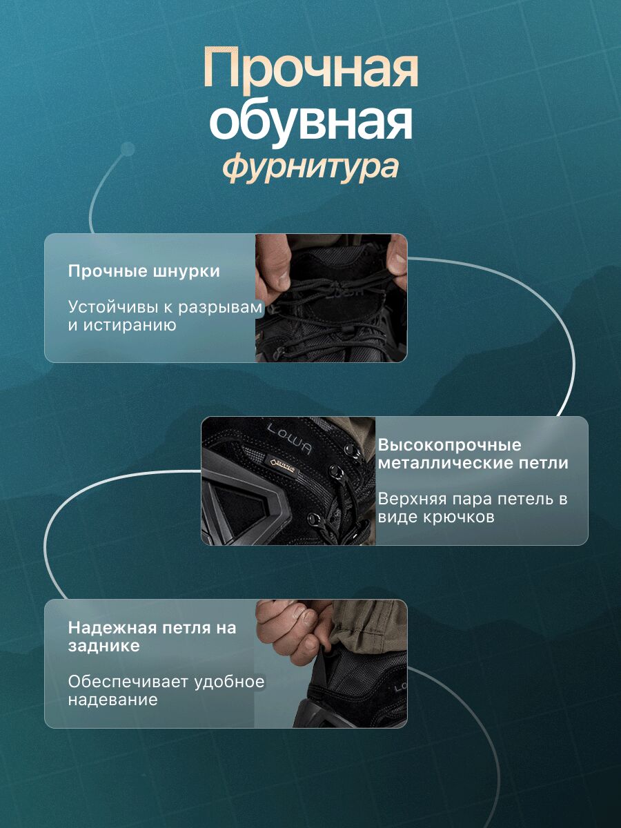 Изображение прочной обувной фурнитуры: шнурки, металлические петли с крючками и задняя петля для удобного надевания