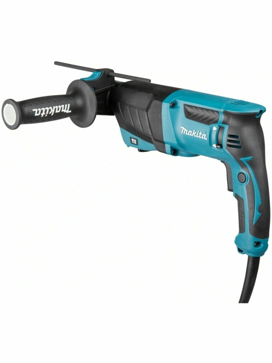 Перфоратор Makita черно-бирюзового цвета с дополнительной боковой ручкой и переключателем режимов на корпусе