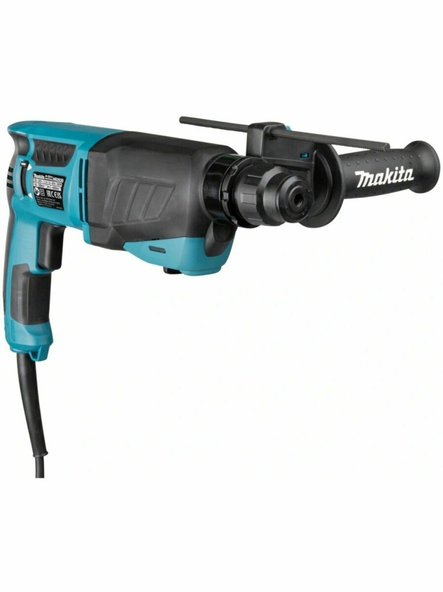 Перфоратор Makita с основной и боковой рукоятками, голубо-чёрного цвета, электрический