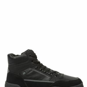 Черные ботинки с матовыми и кожаными элементами, замшей, высокой шнуровкой и утеплением