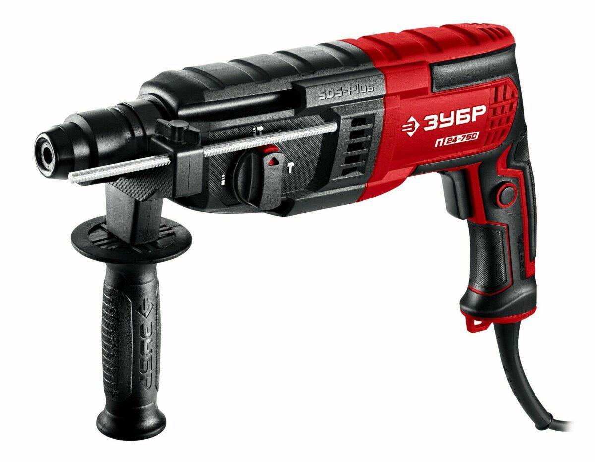 Чёрно-красный перфоратор Зубр П24-750 с системой SDS-Plus, боковой рукояткой и переключателем режимов