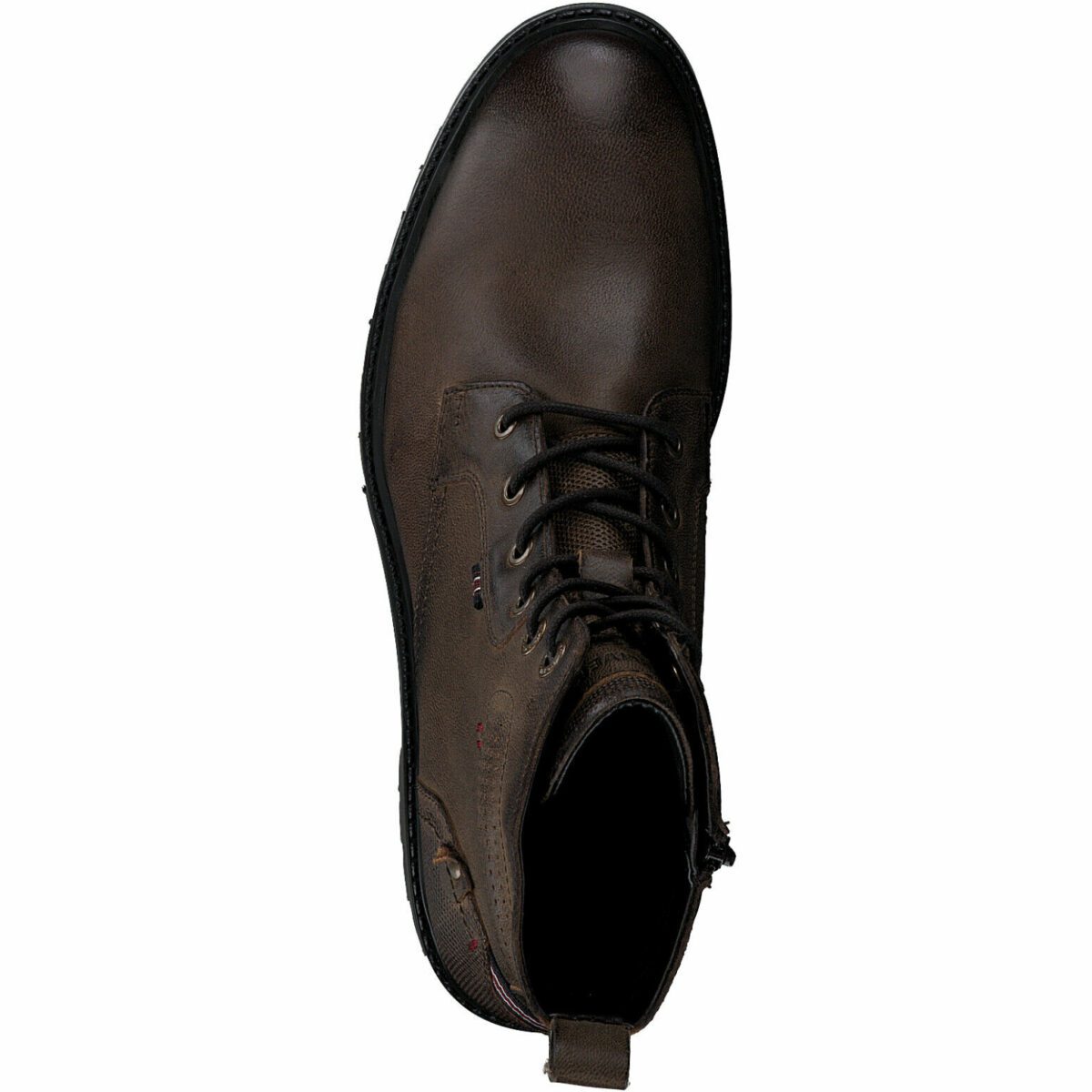 Мужской ботинок из коричневой кожи со шнуровкой, черной подошвой и красной декоративной строчкой