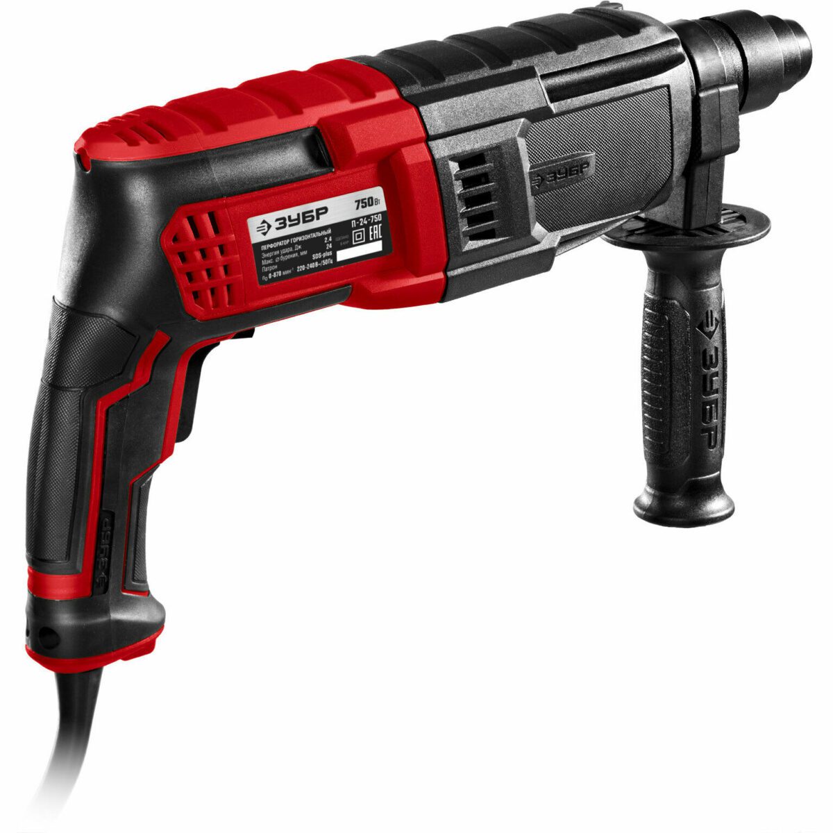 Перфоратор Зубр П-7К-750, профессиональный инструмент мощностью 750 Вт, с дополнительной рукояткой и прорезиненной ручкой