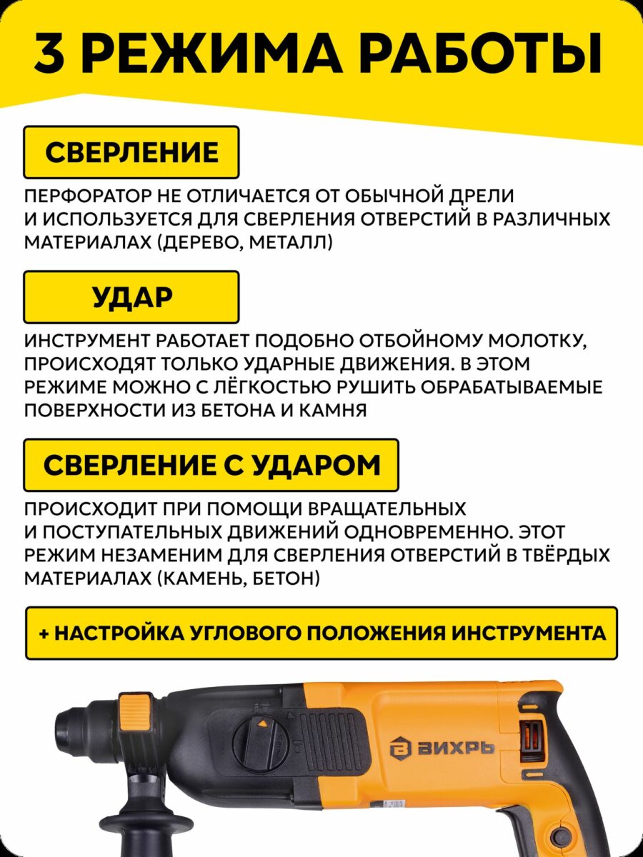 Мощный перфоратор Вихрь с тремя режимами работы и функцией настройки углового положения