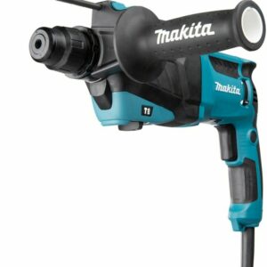 Электрический перфоратор Makita чёрно-синего цвета с удобной боковой рукояткой и логотипом бренда на корпусе