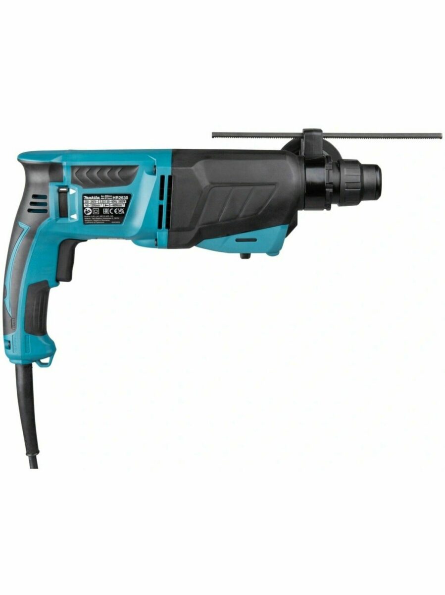 Перфоратор Makita HR2470 голубого цвета с чёрными вставками, боковой рукояткой и металлическим ограничителем глубины сверления