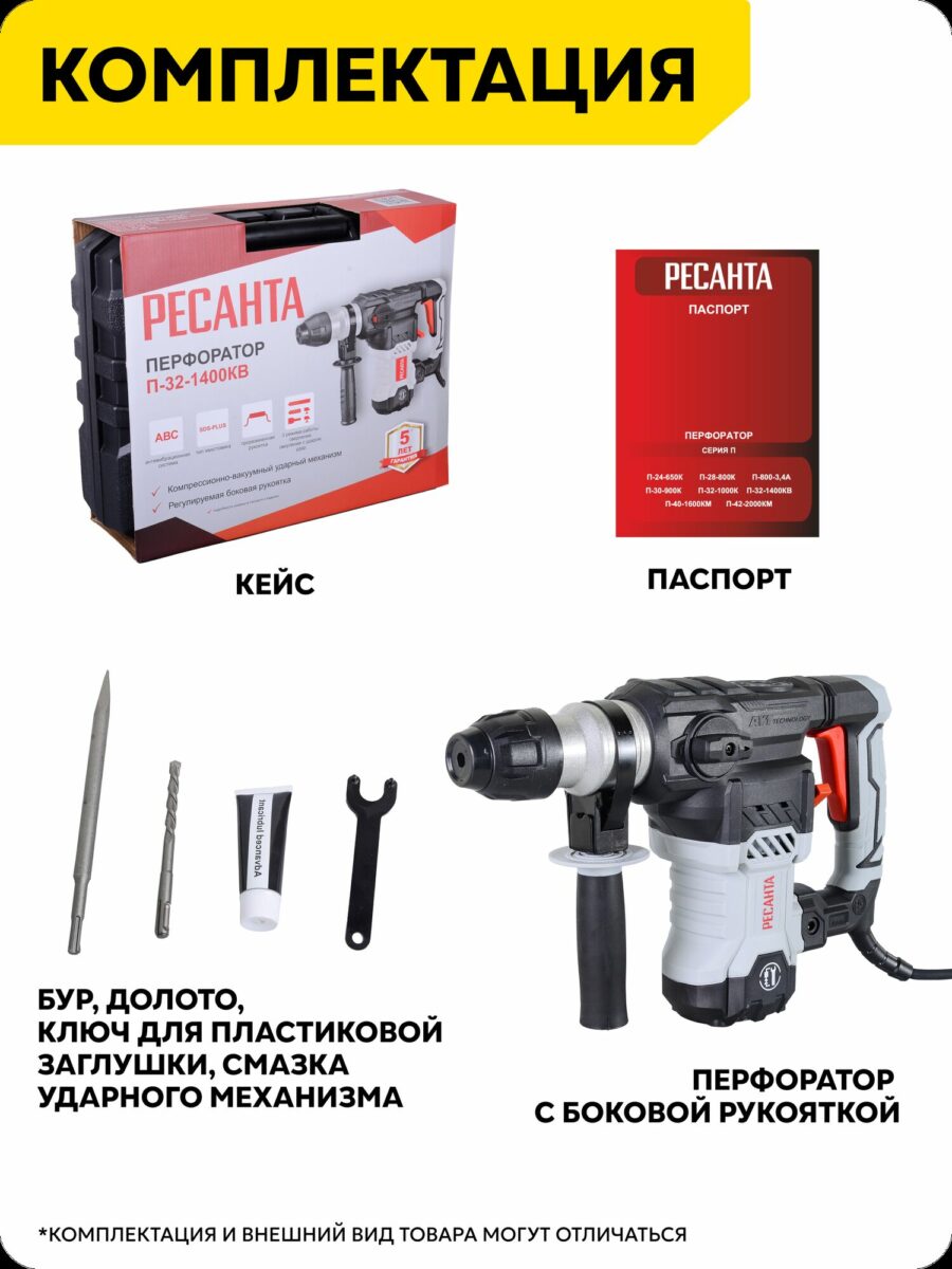 Комплект перфоратора Ресанта П-32-1400КВ: кейс, инструмент, бур, долото, ключ и смазка