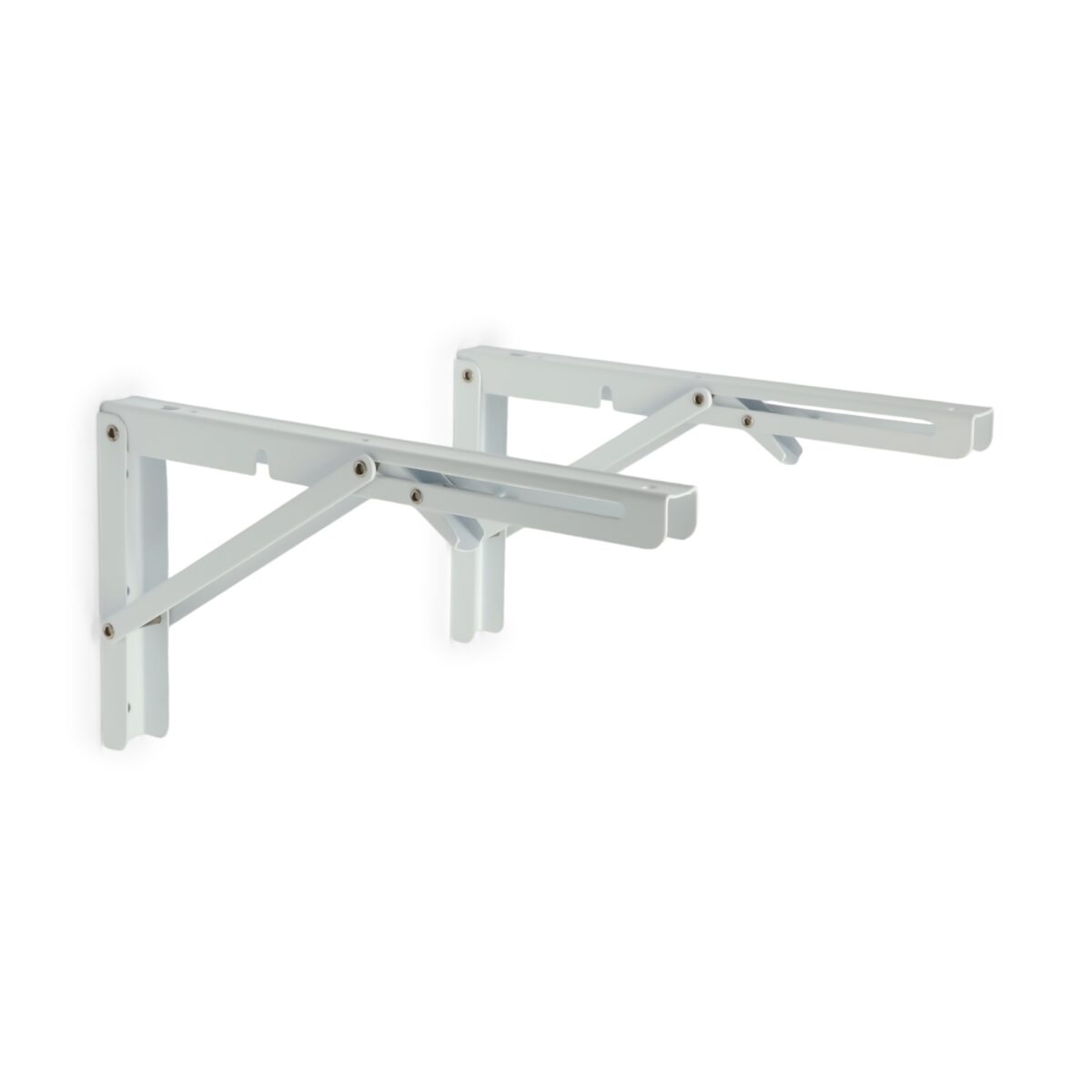 Надежные белые складные кронштейны для столов и полок — стальные, 300 мм Белые складные кронштейны из стали длиной 300 мм с креплением для установки на стену. Используются для столов и полок.