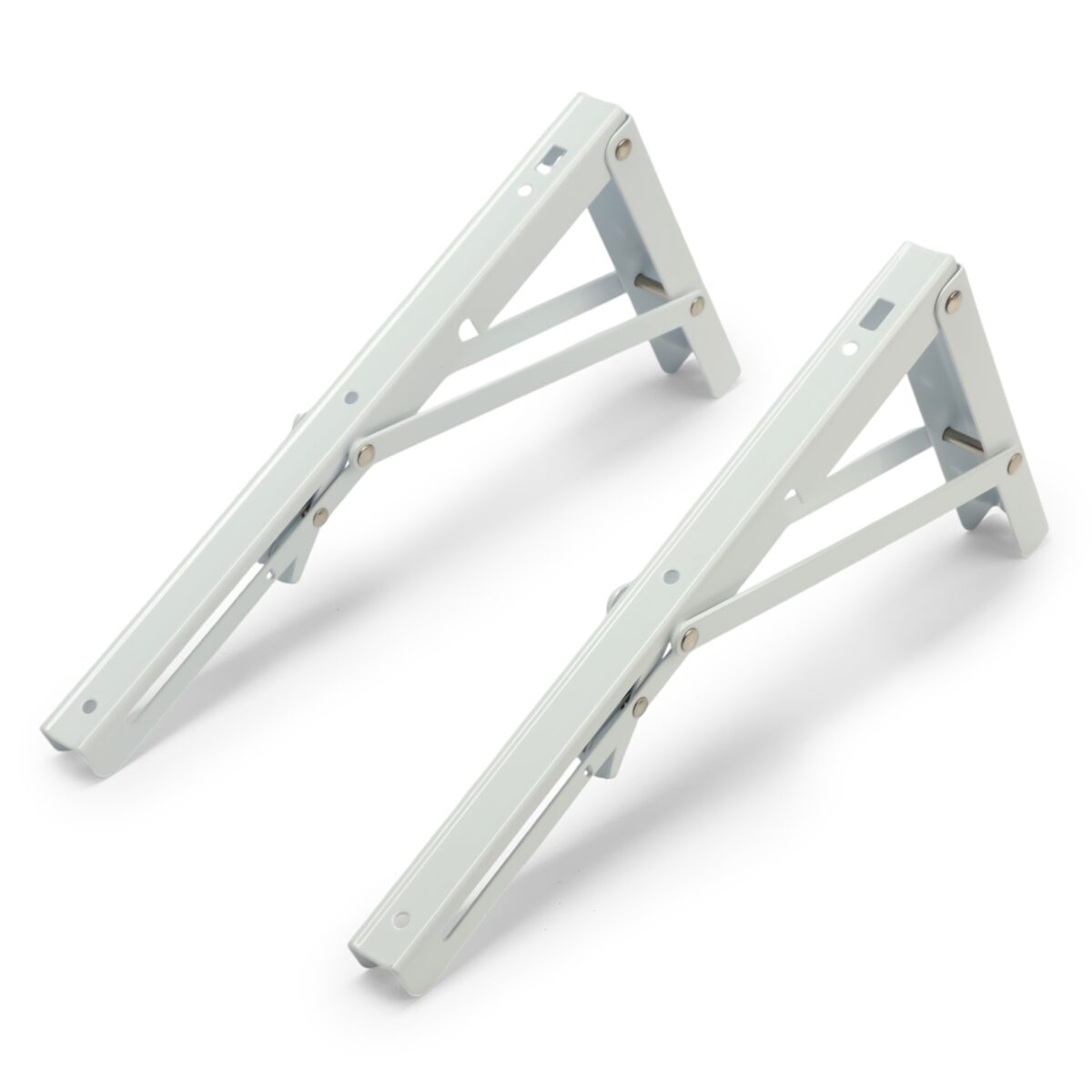 Складной кронштейн для полок и столов 300 мм, белый, прочная стальная конструкция Белый складной кронштейн 300 мм для монтажа полок и столов с отверстиями для крепления и усиленной конструкцией