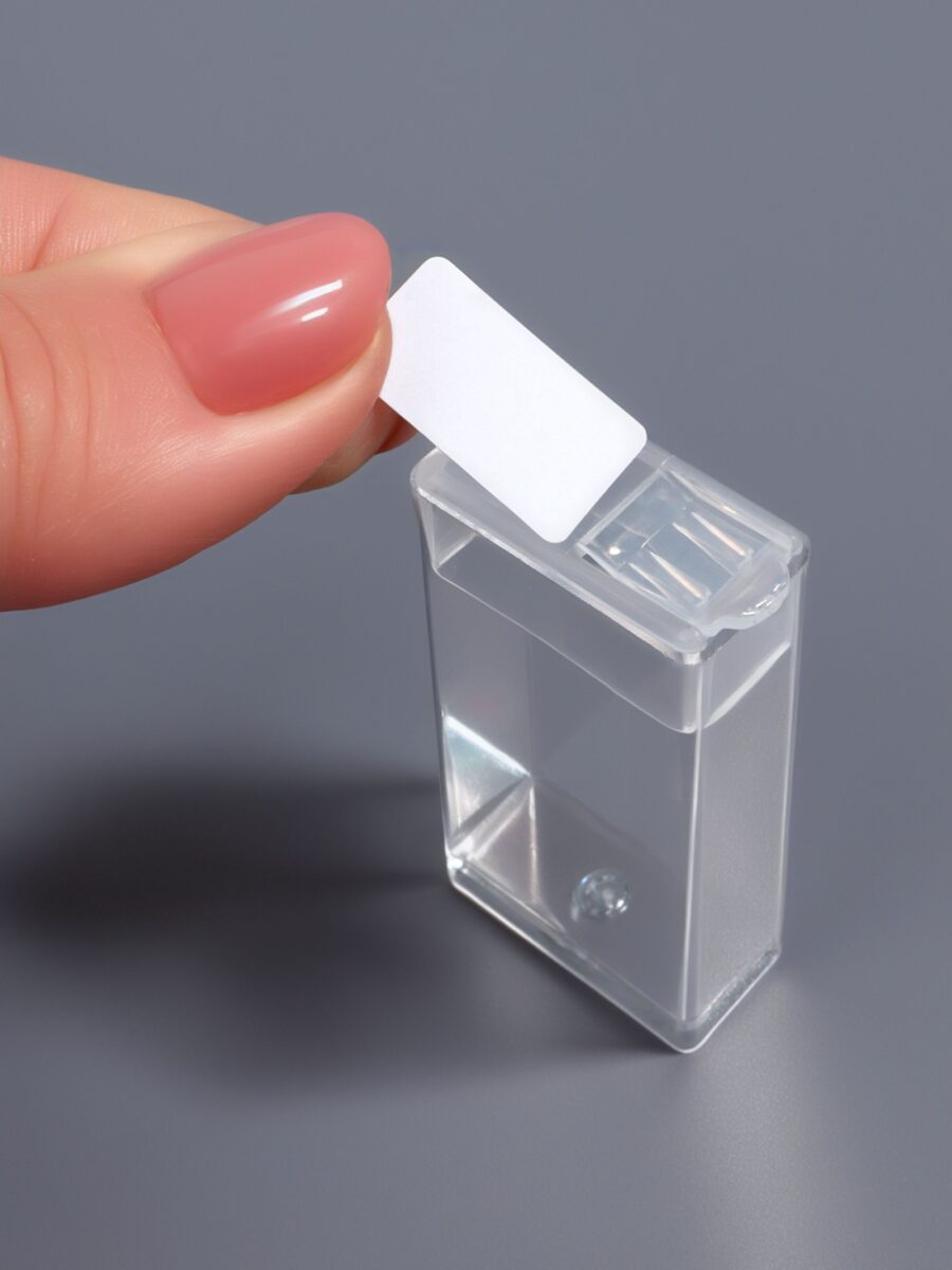 Прозрачная баночка для органайзера с наклейкой — удобное хранение мелочей Прозрачная баночка для хранения мелочей с наклейкой в руке, на фоне серого покрытия