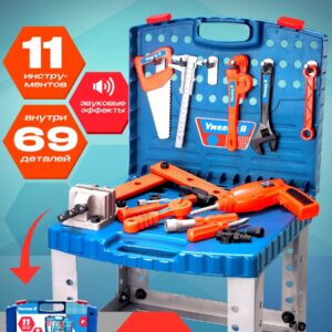 Игровой набор детских инструментов в чемодане, включающий 11 пластиковых инструментов и 69 деталей с звуковыми эффектами, подходит для детей от 3 лет