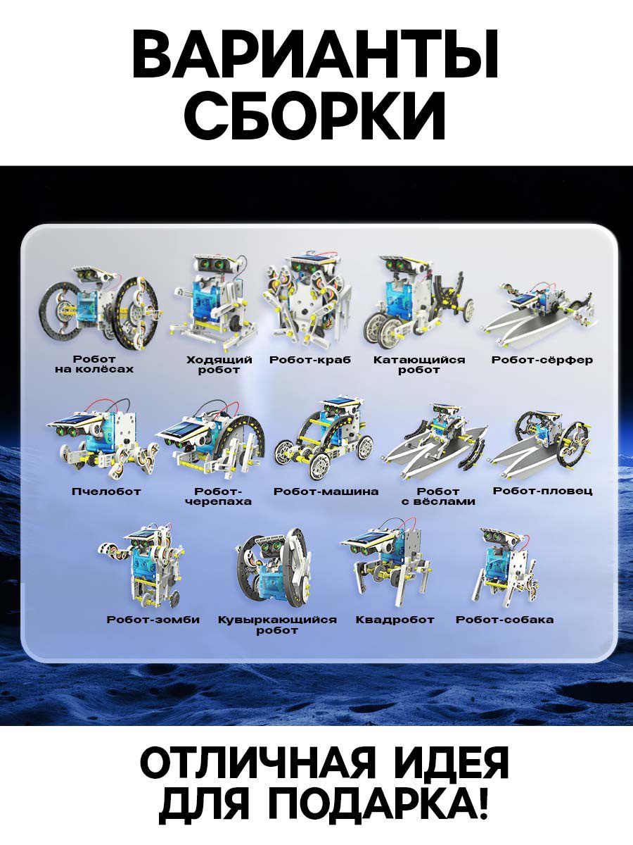 Электронный конструктор робототехника с солнечной батареей — 14 уникальных сборок Инфографика электронного конструктора робототехника с солнечной батареей и 14 вариантами сборки: робот на колесах, ходящий робот, робот-краб и другие