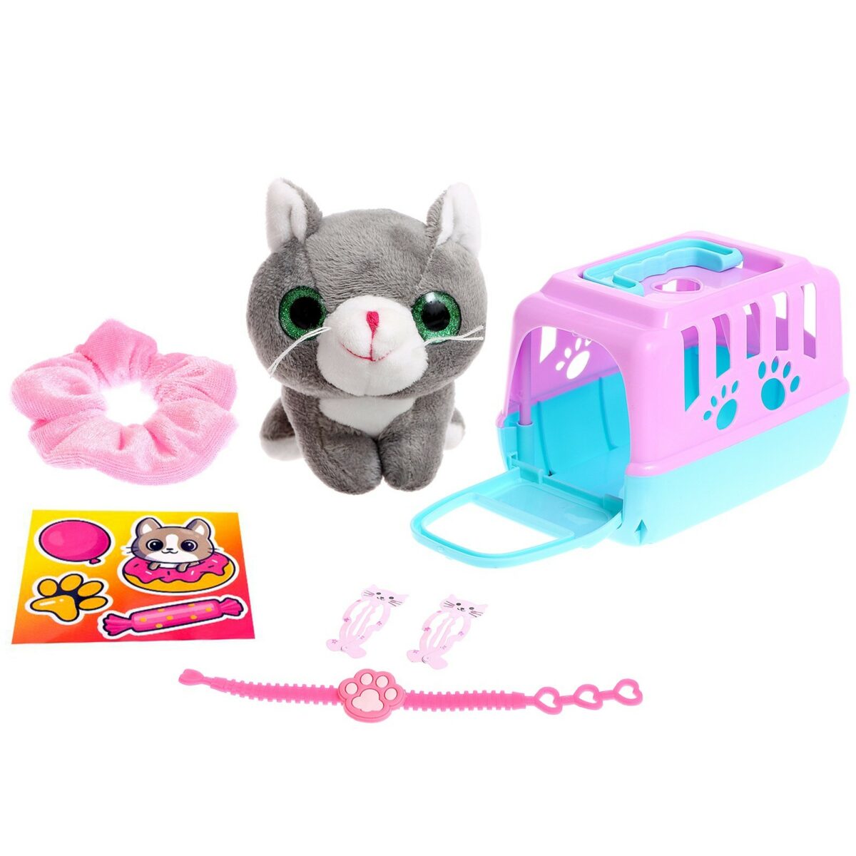 Интерактивная игрушка-питомец с переноской и аксессуарами для детей Игровой набор с серым котиком в розово-фиолетовой переноске, аксессуары для питомца, компактная переноска для игрушки