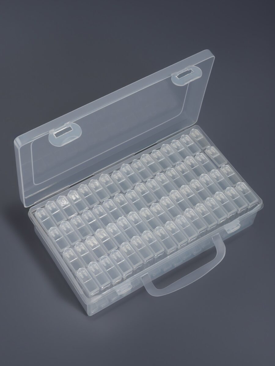 Пластиковый органайзер для мелочей с крышкой и 64 баночками — прозрачный контейнер 13×22×5 см Прозрачный органайзер с 64 баночками для хранения бусин, бисера и мелких предметов