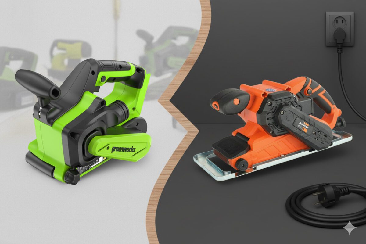 Изображение мастера, работающего с аккумуляторной ленточной шлифмашиной в мастерской